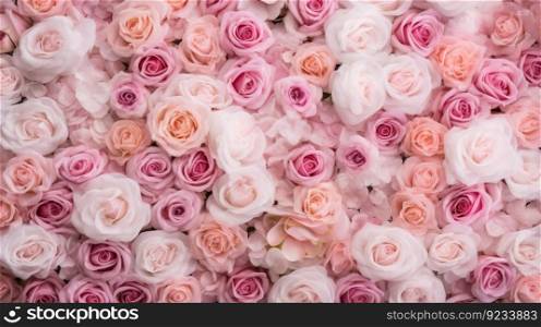 Nature, flower buds of pink roses in summer top view, wallpaper background. Header banner mockup with copy space. AI generated.. Nature, flower buds of pink roses in summer top view, wallpaper background. AI generated.