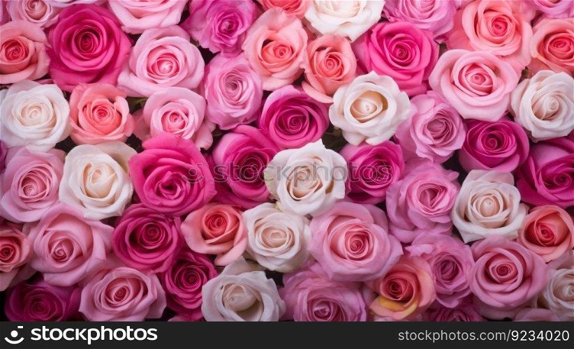 Nature, flower buds of pink roses in summer top view, wallpaper background. Header banner mockup with copy space. AI generated.. Nature, flower buds of pink roses in summer top view, wallpaper background. AI generated.