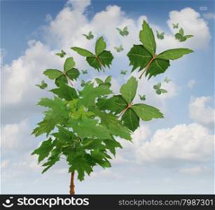 Nature freedom symbol as a growing tree with green leaves transforming into flying butterfly shapes as a metaphor for business exports and distribution or hope in the future for sustainable development of the environment.