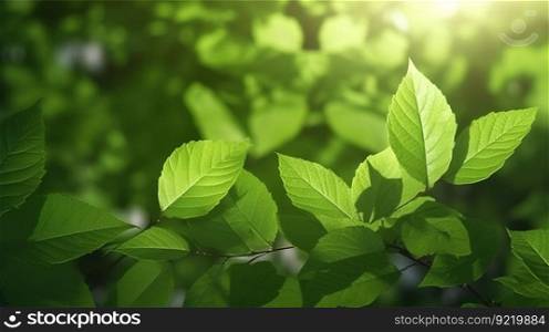 Nature, green plants leaves with sun rays in summer, wallpaper background. Header banner mockup with copy space.AI generated.. Nature, green plants leaves with sun rays in summer, wallpaper background. AI generated.