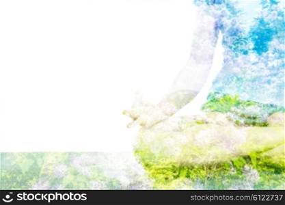 Nature harmony healthy lifestyle concept. Double exposure image of woman doing yoga asana Padmasana Lotus pose cross legged position for meditation with Chin Mudra - gesture of consciousness. Double exposure image of woman doing yoga asana
