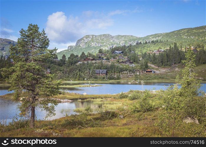 nature in norway with water in small lakes and fjord and houses of Valle in the background on the mountains. valle in norway nature