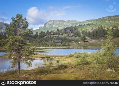 nature in norway with water in small lakes and fjord and houses of Valle in the background on the mountains. valle in norway nature