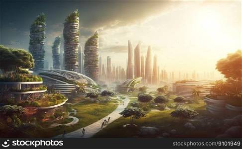 Nature-infused cityscape landscape with an eco-futuristic and serene mood. Generative AI.. Nature-infused cityscape landscape with an eco-futuristic and serene mood. Generative AI