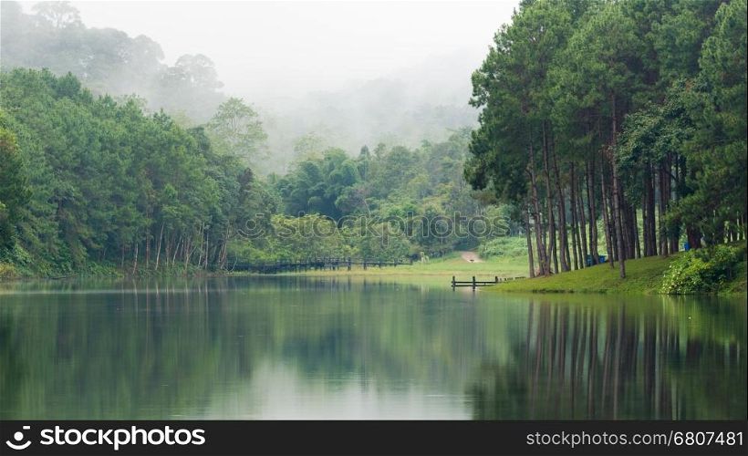 Nature landscape at morning of lakes and pine forests in Pang Ung national park of Mae Hong Son province, Thailand