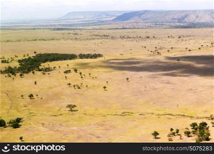 nature, landscape, environment and wildlife concept - view to maasai mara national reserve savannah at africa. view to maasai mara savannah landscape in africa