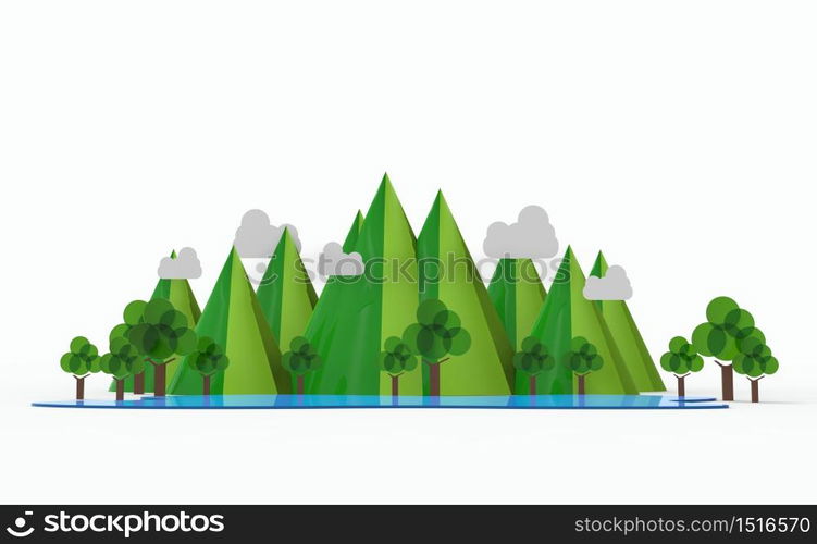 Nature landscape.Mountain, lake, tree isolated on white background. 3D illustration