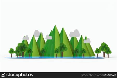 Nature landscape.Mountain, lake, tree isolated on white background. 3D illustration