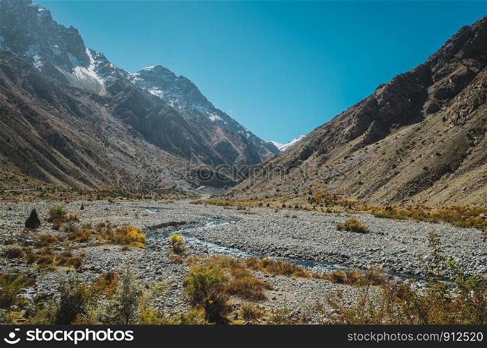 Nature landscape view of wilderness area with mountains in Karakoram range, Skardu. Gilgit Baltistan, Pakistan.
