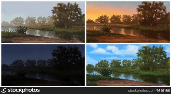 Nature landscape with different lighting, seasons, parts of day time. Illustrations set of fog, night, sunny day, sunset. Trees, river, sky digital painting. Raster graphics for design card, calendar.