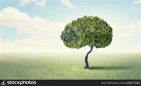 Nature mechanisms. Green concept with tree made of gears