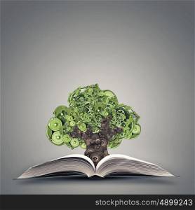 Nature mechanisms. Green concept with tree made of gears growing from book