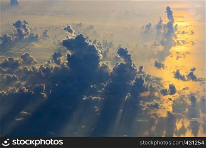 Nature or travel background. Beautiful cloudscape from above view of airplane window at sunset. Freedom feel. Picture for add text message. Backdrop for design art work.