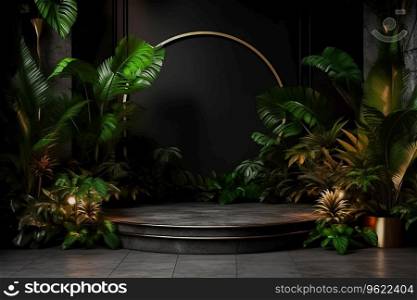 Nature podium with plant leaves for product display, Group green tropical leaves . Ai generated