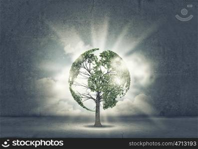 Nature protection. Green tree as a symbol of environmental protection