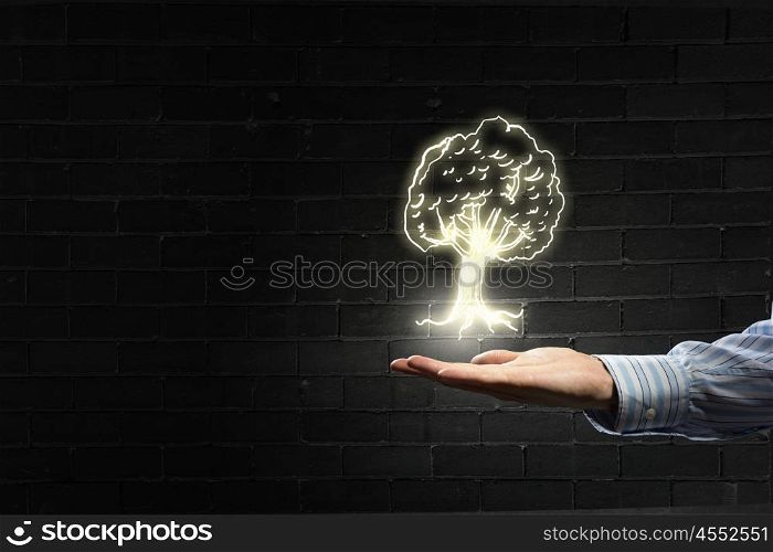 Nature protection in our hands. Businessman hand holding drawn green in palm on dark background