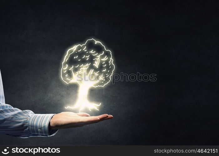 Nature protection in our hands. Businessman hand holding drawn green in palm on dark background