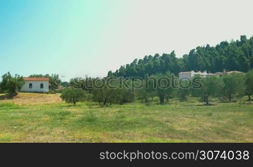 Nature rural scene with green lawn, woods and houses. Green landscape and clear blue sky