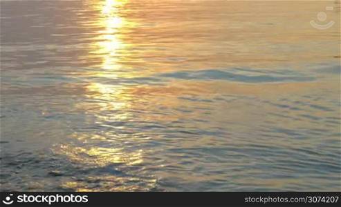 Nature scene of quiet sea waves washing the shore, golden evening sun reflecting on water rippling surface