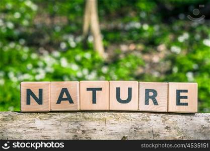 Nature sign on a wooden branch in a forest