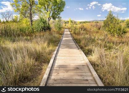 nature trail - wooden boardwalk path through wetlands in a fall scenery - a journey metaphor