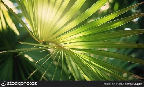 Nature, tropical palm leaves with sun rays in summer, wallpaper background. Header banner mockup with copy space. AI generated.. Nature, tropical palm leaves with sun rays in summer, wallpaper background. AI generated.