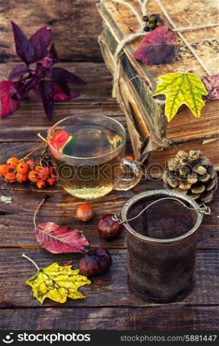 naturemort tea in autumn. Cup of herbal tea amid the bundles of old books in the autumn style