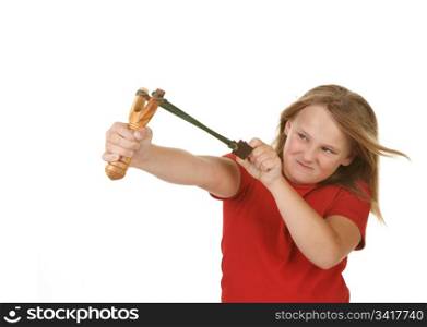 naughty little girl with a slingshot on white