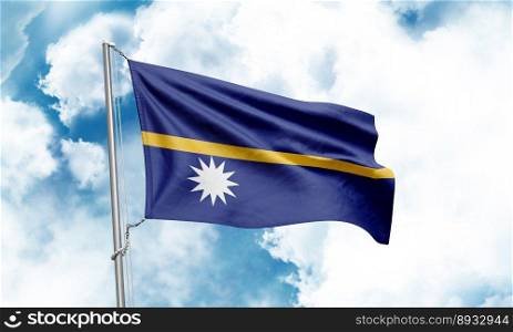 Nauru flag waving on sky background. 3D Rendering