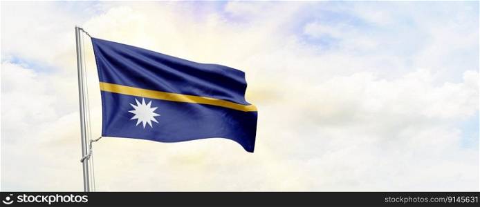 Nauru flag waving on sky background. 3D Rendering