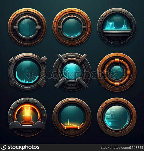 nautical porthole window game ai generated. view submarine, circular design, boat metallic nautical porthole window game illustration. nautical porthole window game ai generated