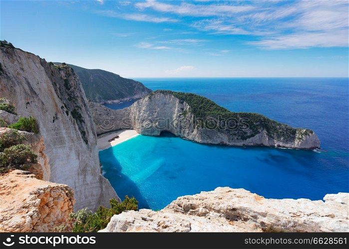 Navagio beach rocks, famous overhead lanscape of Zakinthos island, Greece. Beautiful lanscape of Zakinthos island