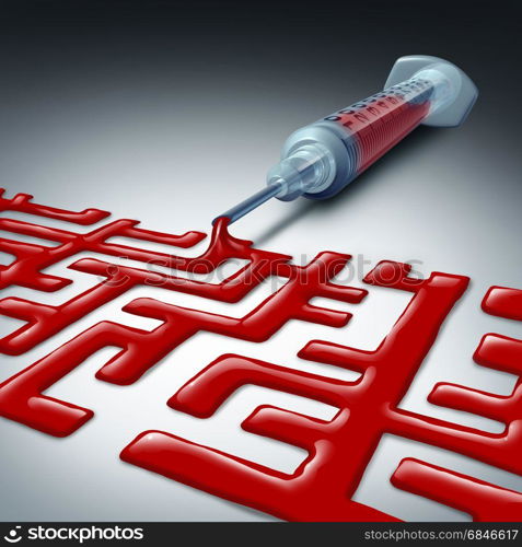 Navigating the health care maze or healthcare challenge as a syringe with red blood liquid shaped as a labyrinth representing difficulty and confusion in the medical field system as a 3D illustration.