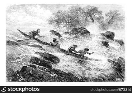 Navigating the Rapids in Oiapoque, Brazil, drawing by Riou from a sketch by Dr. Crevaux, vintage engraved illustration. Le Tour du Monde, Travel Journal, 1880
