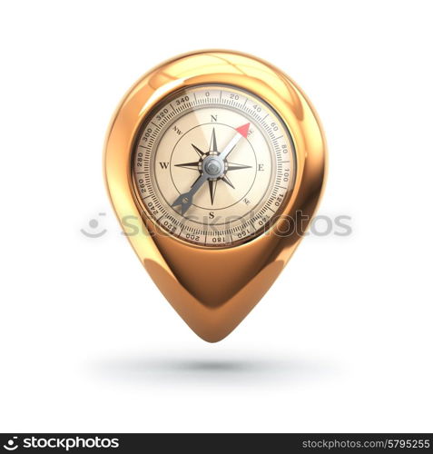 Navigation concept. Pin with compass isolated on white. 3d