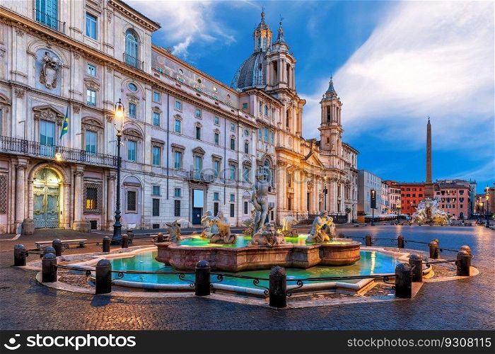 Navona Square or Piazza Navona with the Moor Fountain and Basilica, Rome, Italy.