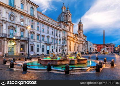 Navona Square or Piazza Navona with the Moor Fountain and Basilica, Rome, Italy.