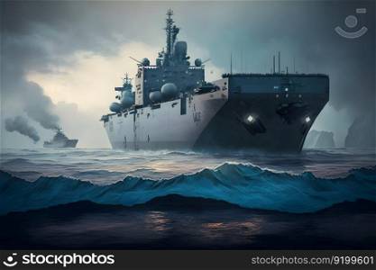 Navy aircraft carrier in wavy sea water. Neural network AI generated art. Navy aircraft carrier in wavy sea water. Neural network generated art