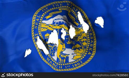 Nebraska state flag perforated, bullet holes, white background, 3d rendering. Nebraska state flag perforated, bullet holes