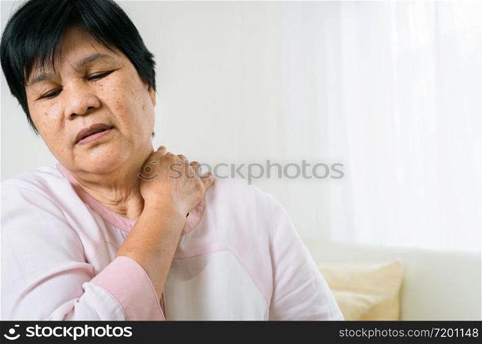 neck and shoulder pain of old woman, healthcare problem of senior concept