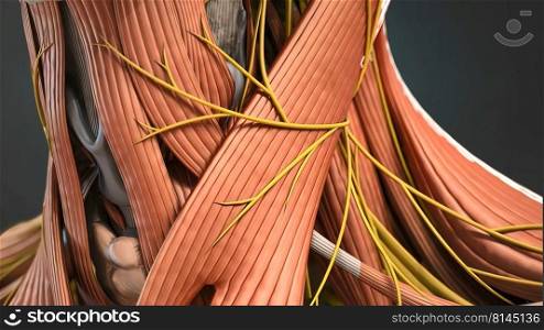 Neck muscles help support the cervical spine and contribute to movements of the head, neck, upper back, and shoulders 3d illustration. Neck muscles help support the cervical spine