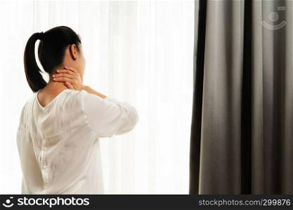 neck shoulder injury painful woman suffer from working healthcare and medicine recovery concept