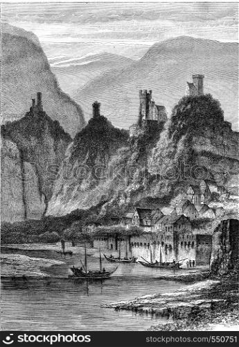 Neckarsteinach and the four castles land damage, vintage engraved illustration. Magasin Pittoresque 1867.