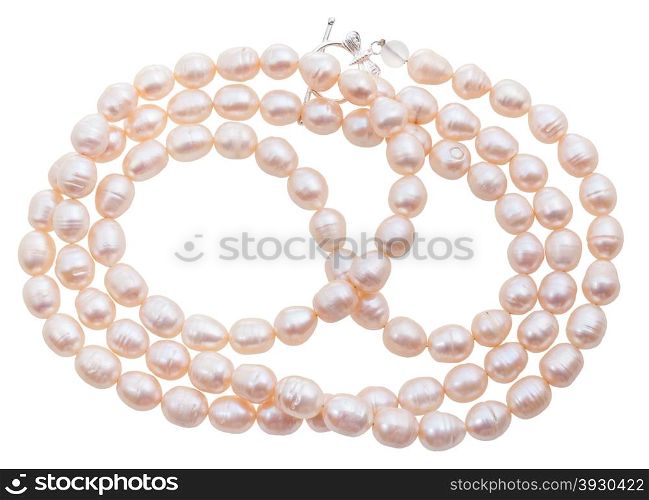 necklace from natural pink river pearls isolated on white background
