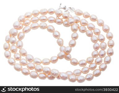 necklace from natural pink river pearls isolated on white background