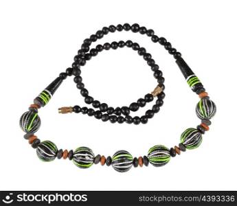 Necklace of wooden beads isolated on white background