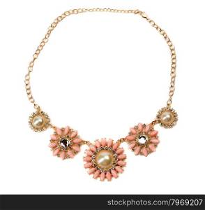 Necklace with pink stones on a gold chain. Isolate on white.