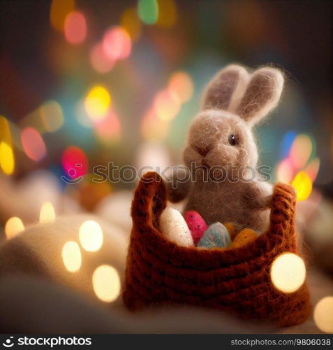 Needle felted Easter Bunny with Easter Eggs. Illustration AI Generative 