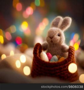 Needle felted Easter Bunny with Easter Eggs. Illustration AI Generative 