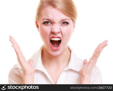 Negative emotions. Angry mad businesswoman crazy boss furious woman screaming isolated on white. Stress in business work.